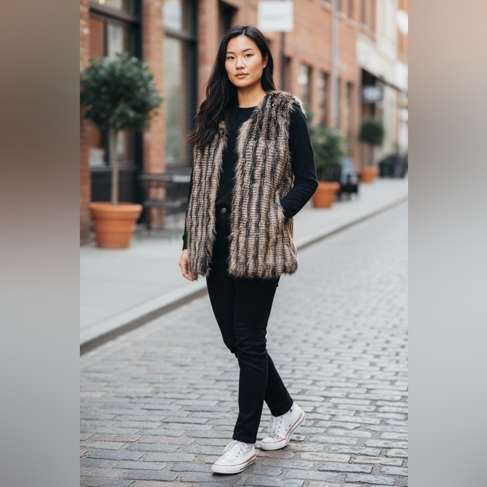 Chico's Black and Brown Faux Fur Vest